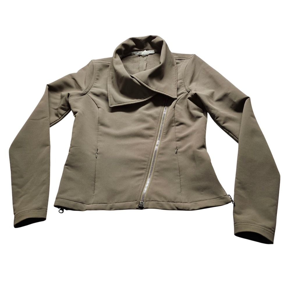 Athleta Asymmetric Zip Softshell Moto Jacket Womens Small Olive Brown Activewear